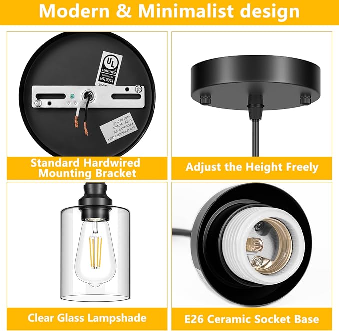 Licperron 2 Pack Modern Black Pendant Lighting, Clear Glass Shade Pendant Lights Kitchen Island, Hanging Ceiling Light Fixture, Farmhouse Pendant Lighting for Dining Room Bedroom Bar Office