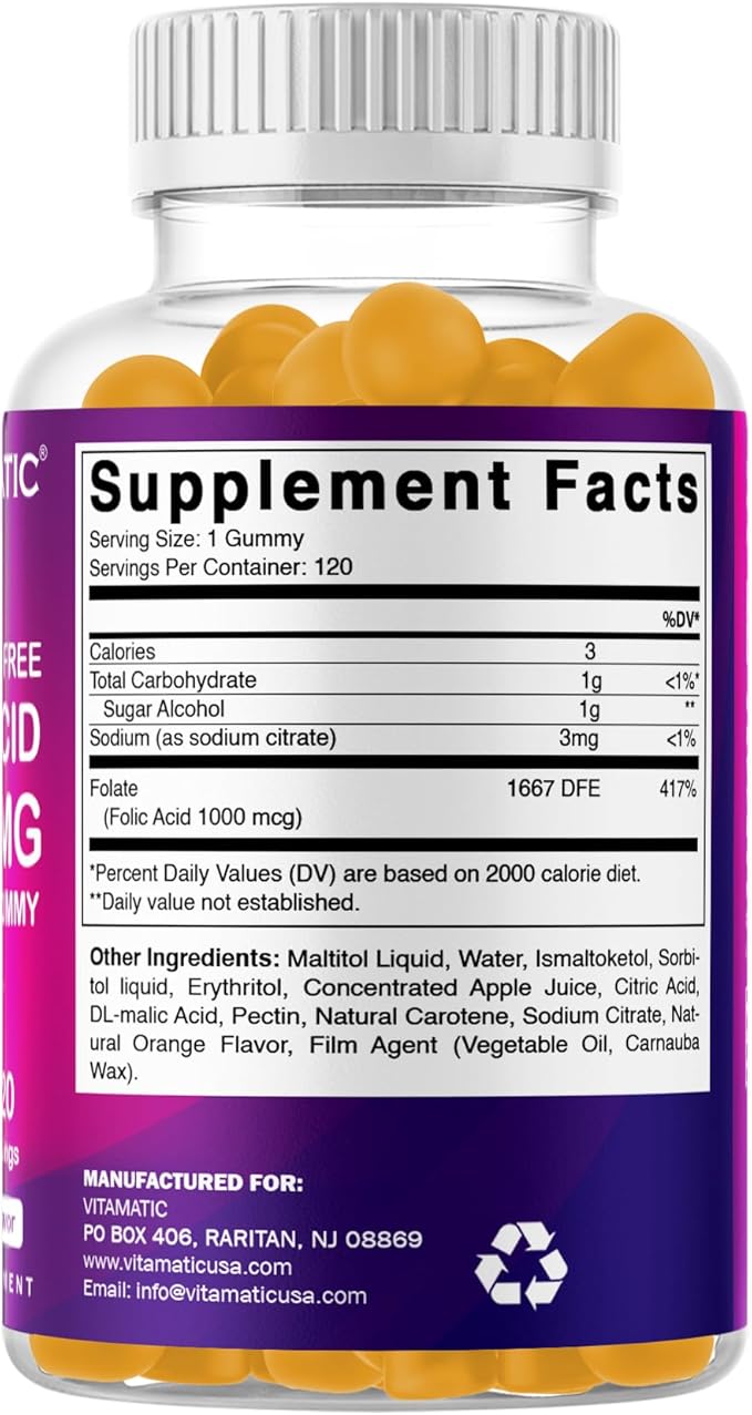 Vitamatic Folic Acid Gummies 1000 mcg (1 mg) – Essential Prenatal Vitamin B9 for Mom & Baby – 120 Vegan Gummies per Bottle – 2 Pack