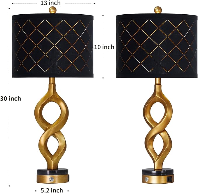 Cinyirong 30" Black and Gold Table Lamps Set of 2 for Bedroom, Modern Touch Control Bedside Lamps for Living Room, 3-Way Dimmable Sculptural Resin Nightstand Lamps with USB A+C Ports and 2 LED Bulbs