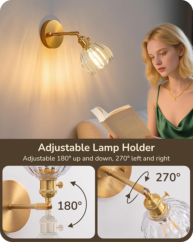 EDISHINE Hardwired Vintage Wall Sconces Set of Two, Brass Gold Wall Lamp with Transparent Tulip Glass Lampshade 180° Adjustable, Modern Wall Lighting Fixtures with Switch for Bathroom Bedroom Hallway