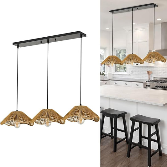 Bobo 3 Light Pendant Light, Hard Wired Hanging Chandelier with 12” Flower Paper Rope Rattern Shade,Suspended Lighting Fixture for for Kitchen Island Dining Bedroom Living Room Restaurants