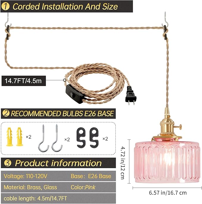 Shenmoyl Plug in Pendant Light Hanging Light Fixtures with Plugin Cord On/Off Switch,Pink Striped Glass Lampshade Brass Pendant Light