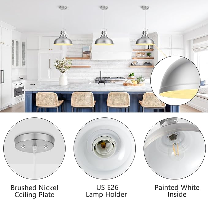 Refice Brushed Nikcel Farmhouse Pendant Lights Industrial Pendant Lighting for Kitchen Island Adjustable Height Dome Hanging Lights for Barn, Dining Room 3 Packs