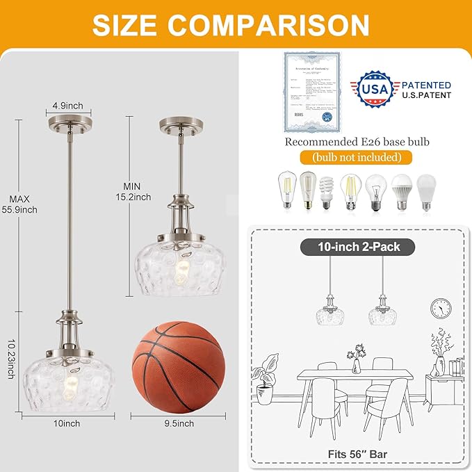 Modern Pendant Lights Kitchen Island, Brushed Nickel Pendant Light Fixtures with 10" Clear Hammered Glass Shade, Industrial Hanging Pendant Lights Fixture for Kitchen Island Dining Room Bedroom Foyer