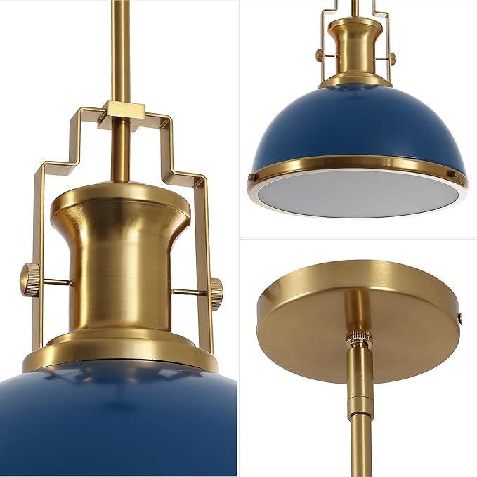 JONATHAN Y JYL9536G 13" Modern Industrial Dome Pendant Light, Farmhouse Hanging Light Fixture in Navy and Brass Gold, Adjustable Height Metal Lighting for Kitchen Island, Dining Room, Entryway