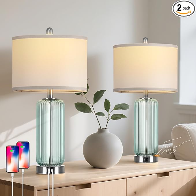 Table Lamps Set of 2 with Vertical Grained Glass, Teal Bedside Table Lamp, 3-Way Dimmable Nightstand Lamp with Touch Control, 27" Modern Glass Bedside Lamps with USB A+C Ports, Desk Lamp for Bedroom