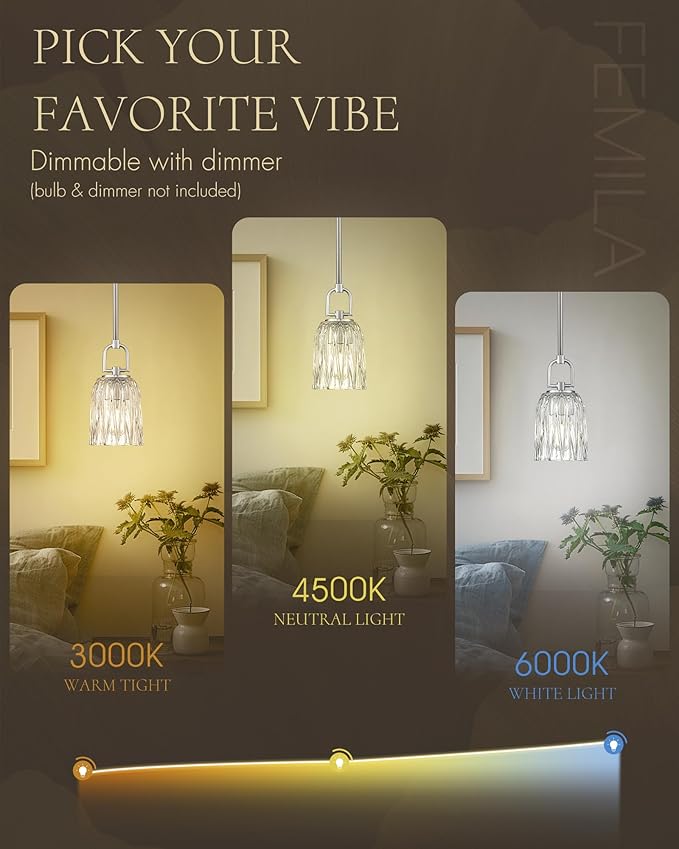 FEMILA Brushed Nickel Pendant Light Fixtures, Glass Pendant Light Modern Pendant Lighting for Kitchen Bedroom Hotel, E26 Base, 4FH83MIL BN