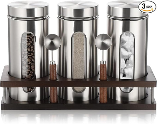 Suclain Stainless Steel Coffee Grounds Canisters with Shelf 3 x 50oz Sugar Coffee Bean Storage Container with Airtight Threaded Lid Glass Window Scoop Kitchen Jar Set for Bar Creamer Nut Tea