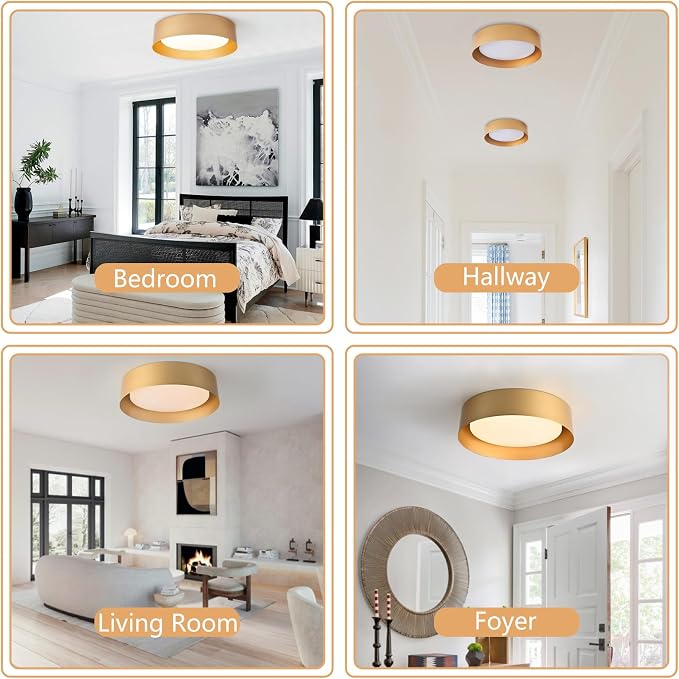 Bargeni Gold Flush Mount Ceiling Light, LED Ceiling Light Fixture | 12.5" ETL-listed dimmable 18W LED light with 3000K warm glow, ideal for bedrooms, hallways, foyers and living rooms