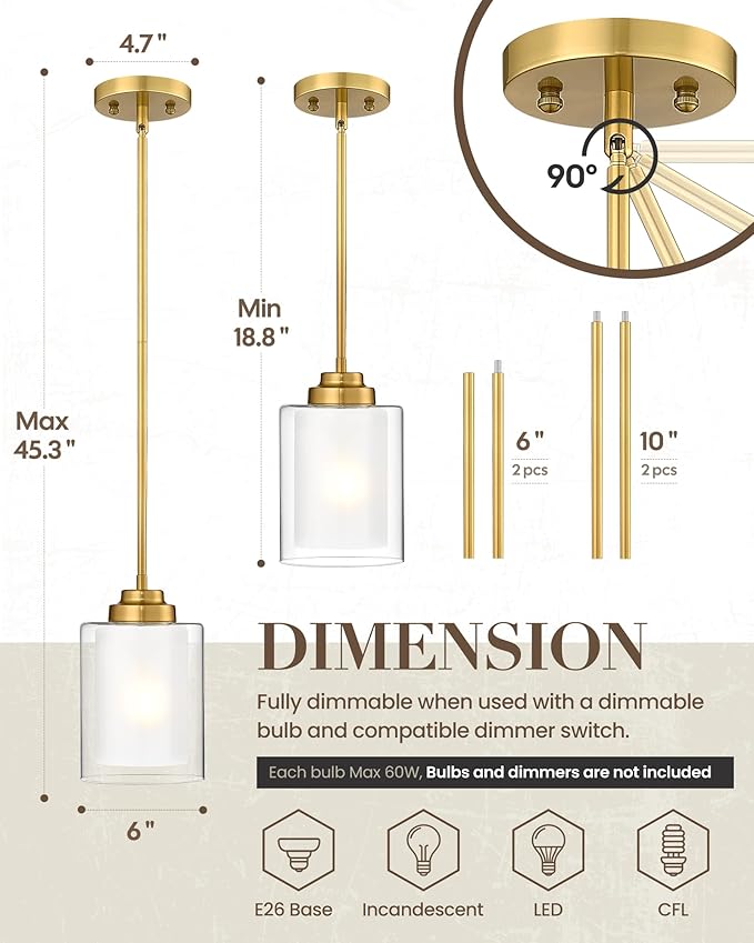 TENGXIN Modern Pendant Light,6-in Brushed Gold Modern Pendant Light for Kitchen Island,Hanging Ceiling Light Fixture,Farmhouse Pendant Lighting for Dining Room Bedroom Bar Office 2Pack,TXPLBG02-2PK-L