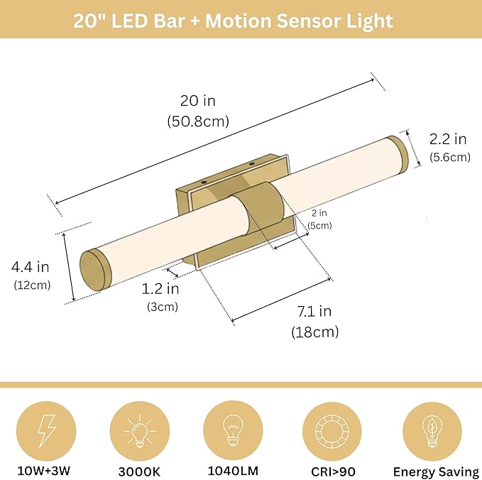 20 Inch LED Vanity Light Bar with Motion Sensor, Dual LED Source | 4 Lighting Modes (incl. Night Light) | 3000K Warm White, Dimmable, CRI 90+, 1040LM, ETL Listed (Brushed Gold)
