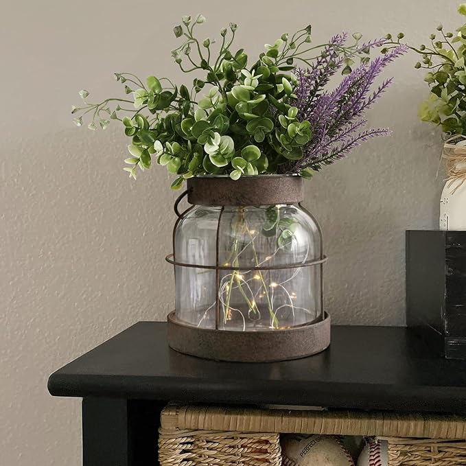 Vintage Glass Farmhouse Vase, Rustic Lantern Decor with Plants Lavenders Lights Vintage Style Vase for Home Decor Floral Arrangement Housewarming Hostess Gift
