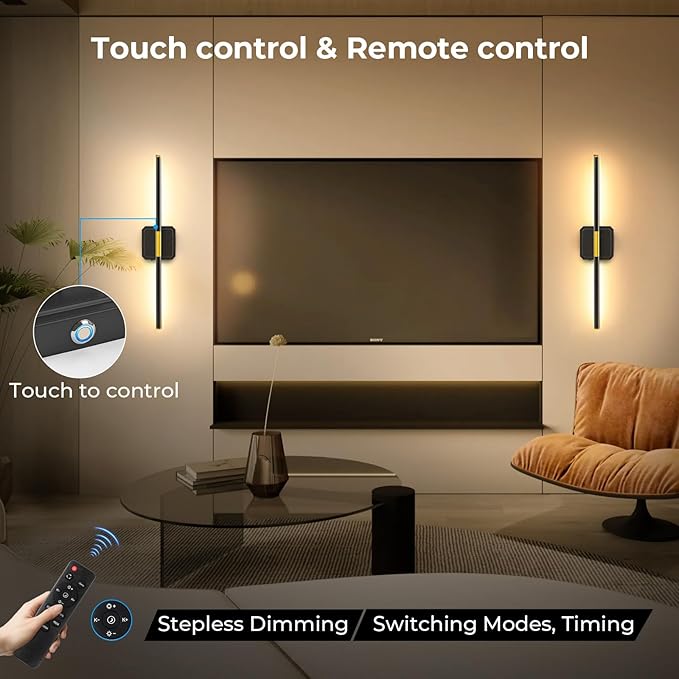 GvvooHome Battery Operated Wall Sconces Set of 2, Detachable 360°Rotate Wall Lamps, 3000-6500K Dimmable with Remote Control, 10000mAh Rechargeable Wall Light for Bedroom, Living Room, 28.3" Black Gold