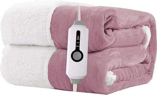Electric Heated Blanket Throw Size 50"x60" – ETL Certified for Safe Overnight, 4 Heat Settings & 3H Auto Off, Dual-Sided Microplush Sherpa for Home Theater Night, Machine Washable – Berry
