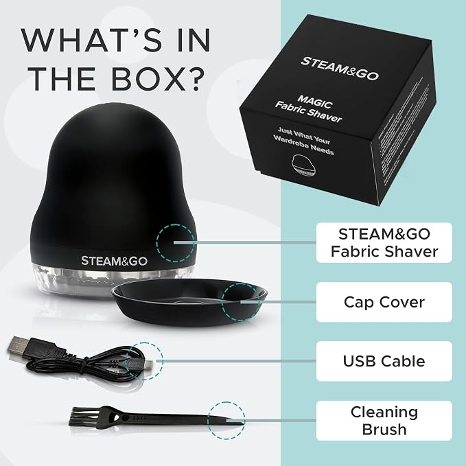 Steam & Go - Fabric Defuzzer, Rechargeable Fabric Shaver and Lint Remover, Portable Sweater Shavers to Remove Pilling, Fuzz, and Fluff, Lint Remover for Clothes and Beddings, Easy to Use Black