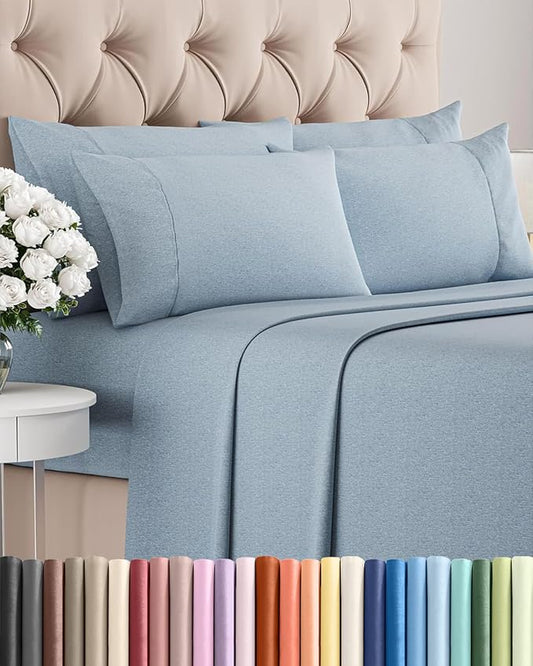 Queen 6 Piece Sheet Set - Comfy Breathable & Cooling - Soft Hotel Luxury Bedding Set with 8-16 Inch Deep Pockets - 1 Flat & 1 Fitted Sheet & 4 Pillowcases - Wrinkle Free & Easy Care - Heathered Blue