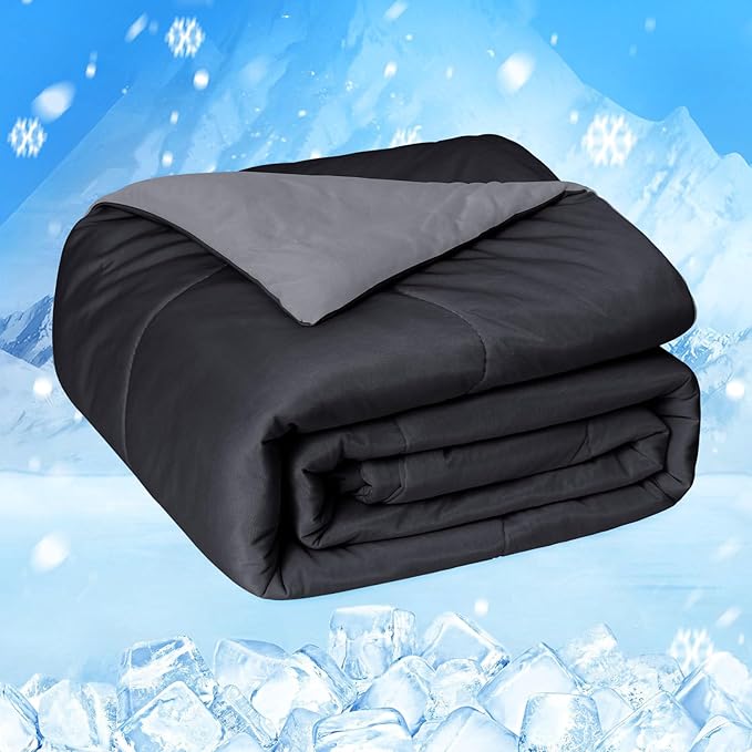 HOMFINE Cooling Comforter Queen Size, Black Summer Cooling Blanket for Hot Sleepers and Night Sweats, Japanese Double-Sided Cold Tech Fabric Q-Max 0.45, Soft Breathable Silky Smooth Lightweight