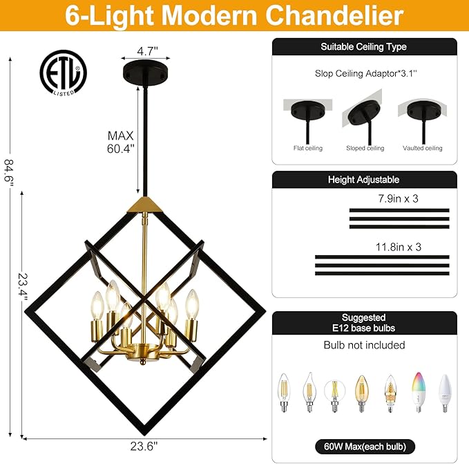 24" Modern Black and Gold Chandelier, No Assembly Required 6-Light Dining Room Light Fixture Over Table, Industrial Metal Hanging Pendant Lights Fixture for Kitchen Island, Entryway, Foyer