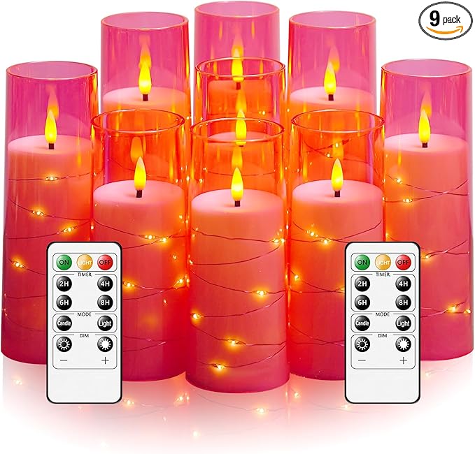 kakoya Flameless LED Candles with Timer 9 Pc Flickering Flameless Candles for Romantic Ambiance and Home Decoration Stable Acrylic Shell,with Embedded Star String，Battery Operated Candles(Pink)