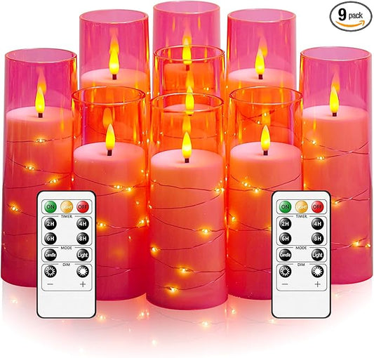 kakoya Flameless LED Candles with Timer 9 Pc Flickering Flameless Candles for Romantic Ambiance and Home Decoration Stable Acrylic Shell,with Embedded Star String，Battery Operated Candles(Pink)