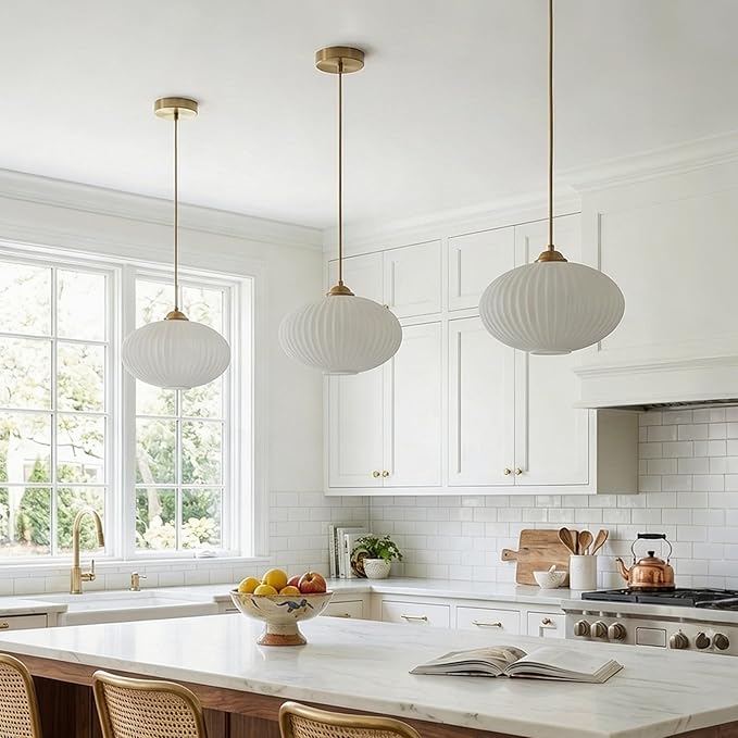KCO Lighting Mid Century Modern Gold Globe Pendant Lighting Brushed Brass White Opal Glass Pendant Light Antique Farmhouse Single Hanging Kitchen Island Lighting Fixture
