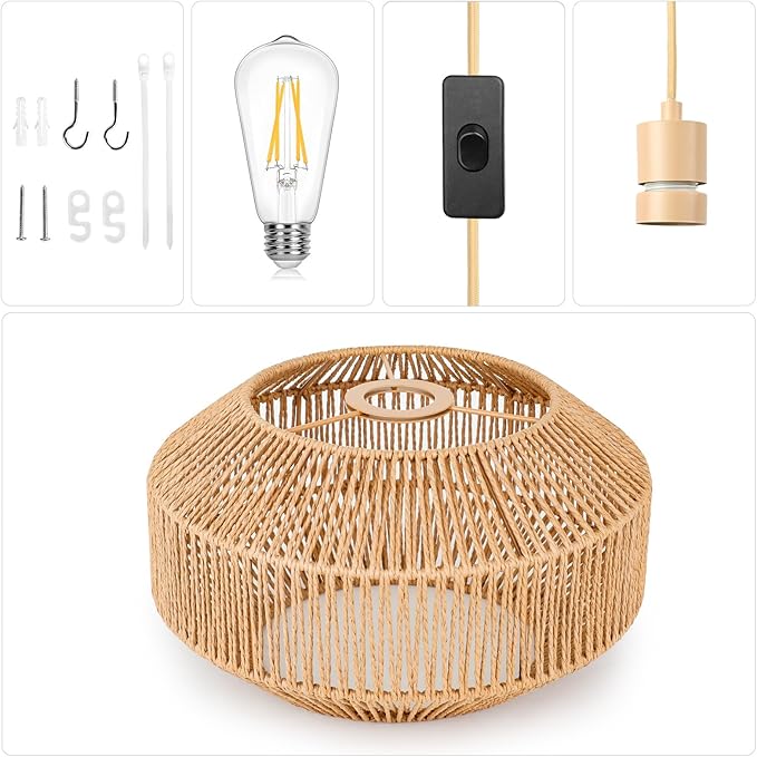 Qingmiao Boho Plug in Pendant Light, Rattan Hanging Lamp Plug in with Woven Shade, 3-Way Dimmable Hanging Light Fixture for Living Room Bedroom Kitchen Ceiling Farmhouse Home Decor