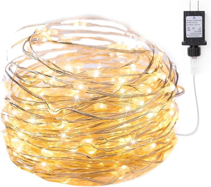 Minetom Fairy Lights Plug in, 33Ft 100 LEDs Waterproof Silver Wire Firefly Lights, Adaptor Included, Starry String Lights for Wedding Indoor Outdoor Christmas Patio Ramadan Decorations, Warm White