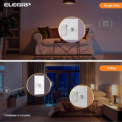 ELEGRP Digital Dimmer Switch for LED/CFL, Toggle Dimmer Switch with Decorative Frameless Design Wallplate, Single Pole/3-Way, UL Listed, 10 Pack, White