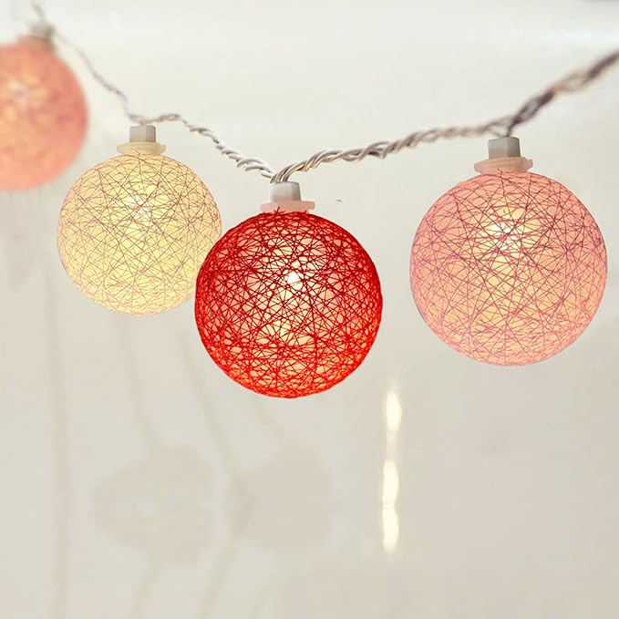 Red Pink and White Cotton Ball String Lights, 8.5Ft Valentine’s Day Decorative Fairy Lights Plug in with 10 Colorful Lantern, Hanging Cotton Globe Lights for Bedroom Wedding Party Home Birthday Decor