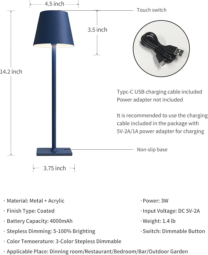 KDG 2 Pack Cordless Table Lamp,Portable LED Desk Lamp, 4000mAh Battery Operated, 3 Color Stepless Dimming Up, for Restaurant/Bedroom/Bars/Outdoor Party/Camping/Coffee Shop Night Light(Blue)