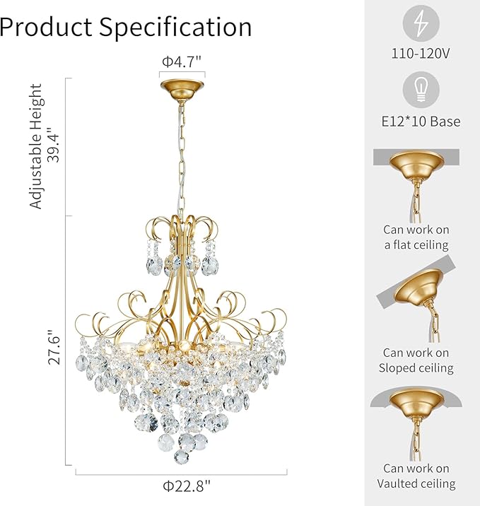 ANJIADENGSHI Crystal Chandelier, Modern K9 Crystal Pendant Light for Dining Room, Vintage Pendant Ceiling Fixture Lamp, 10-Lights Golden Chandelier Lighting for Kitchen Island, Living Room, Bedroom