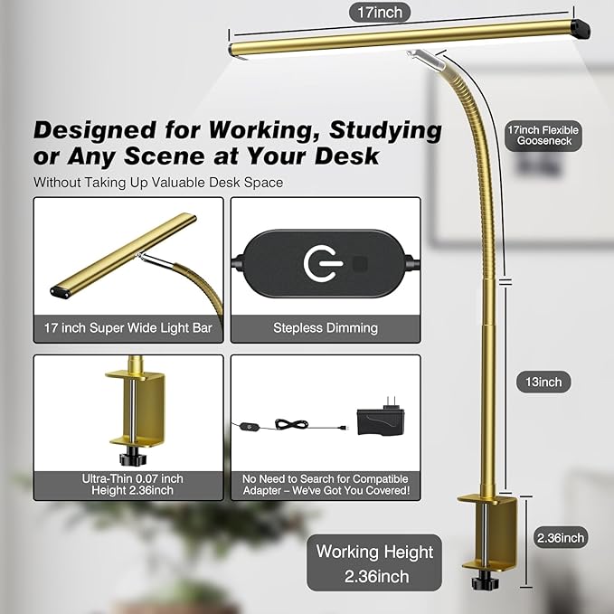 Airlonv LED Desk Lamp for Office Home, Eye-Caring Desk Light with Stepless Dimming Adjustable Flexible Gooseneck, 10W USB Adapter Desk Lamp with Clamp for Reading, Study, Workbench (Gold)