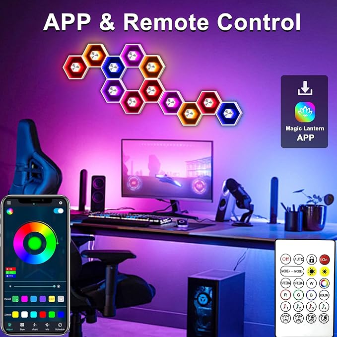 Hexagon LED Lights - 8 Pack Smart APP RGB Gaming LED Light with Remote Control & Music Sync Honeycomb Shape Hexagon Wall Lights for Bedroom, Living Room Wall, Gaming Decor