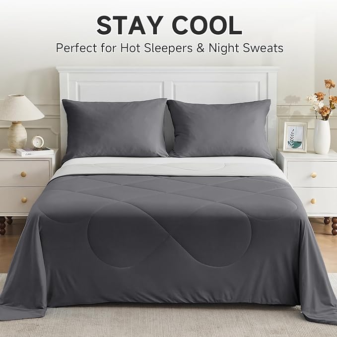 HOMFINE Cooling Comforter Twin Size, Grey Summer Cooling Blanket for Hot Sleepers and Night Sweats, Japanese Double-Sided Cold Tech Fabric Q-Max 0.45, Soft Breathable Silky Smooth Lightweight
