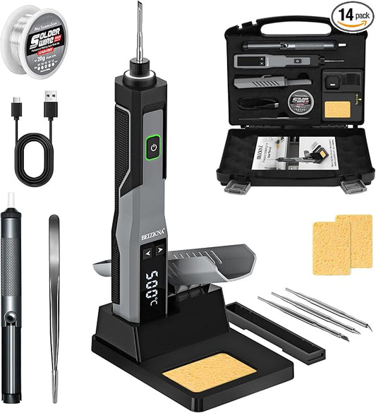 Soldering Iron Kit Cordless 5s Heating 14-in-1 Portable Soldering Iron with LED Display 392-932℉, Auto Sleep, Electric USB Rechargeable Wireless Welding Tool for Precision Repair DIY