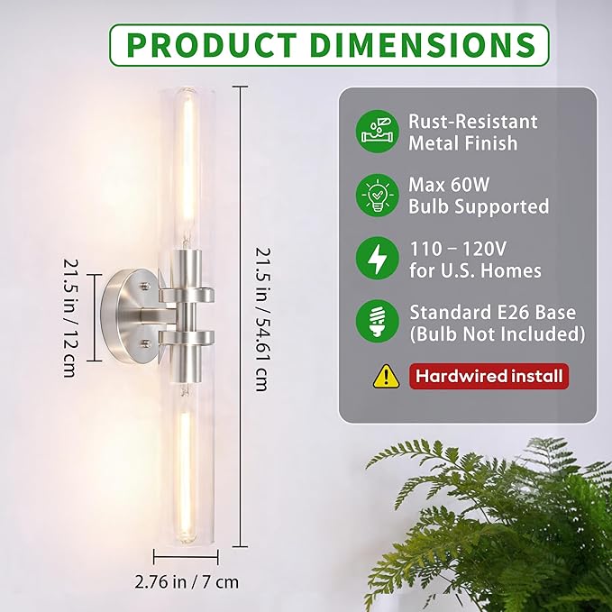 Wall Sconces 2-Pack, Hardwired Bathroom Light Fixtures, Modern Farmhouse Vanity Wall Lighting with Clear Glass Shades, E26 Base Wall Sconce Wall Lights for Bathroom Wall Decor, Brushed Nickel