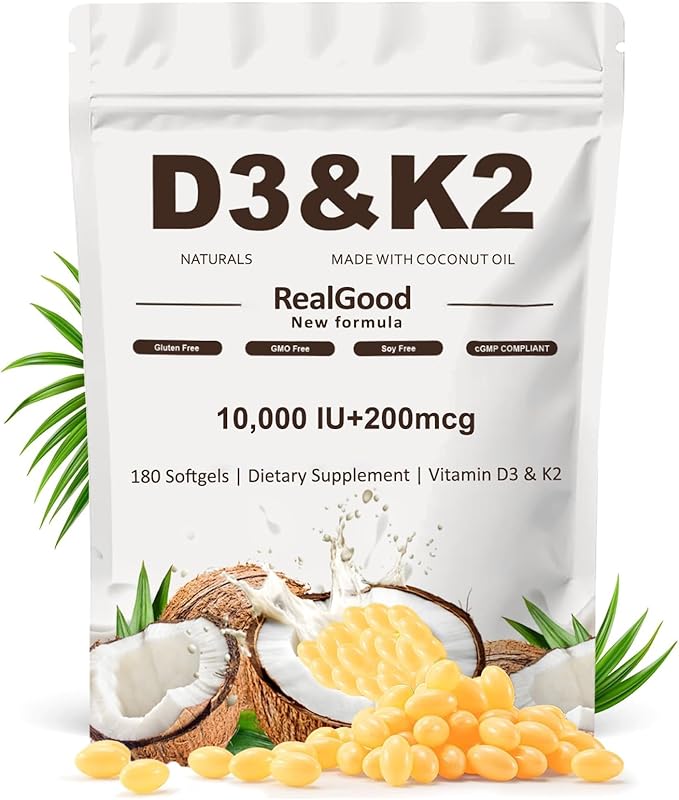 Real Good essentials VitaminD3 & K2 Coconut Oil Softgels Capsules | D3 10,000 IU + K2 MK-7 200 mcg | Upgraded High-Potency Formula for Bone, Immune Health, Boosts Energy & Calcium Absorption (1pc)