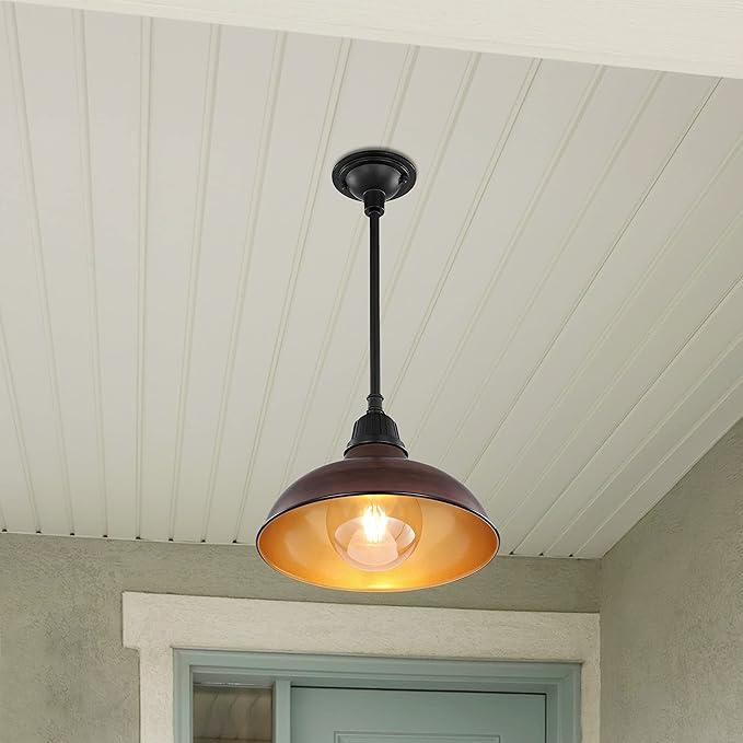 JONATHAN Y 12.25" Wood Finish/Copper Farmhouse Indoor/Outdoor LED Pendant Iron Hanging Light, and Black 1-Light Metal Shade, Rustic Ceiling Lamp for Kitchen Island, LED Bulb Included (JYL7611G)