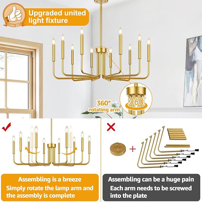 Lynnoland Gold 10-Light Farmhouse Chandelier for Dining Room Lighting Fixtures Hanging, Vintage Candle Pendant Light Fixtures Chandelier for Bedroom, Foyer and Living Room