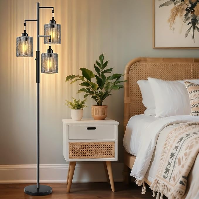 Hotsonic 72" Tall Boho Rattan Style Floor Lamp with Hand-Woven Paper Cord Shade, Dimmable Industrial Tree Standing Lamp for Living Room, Bedroom, Study Room, Office (3 x 800LM Bulbs Included) - Black