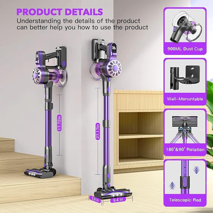 Cordless Vacuum Cleaner, 6 in 1 Lightweight Stick Vacuum with Rechargeable Battery, Handheld Conversion, LED Headlights & 180° Swivel Brush, for Hardwood Floor Carpet Pet Hair Stairs Car(Light Purple)