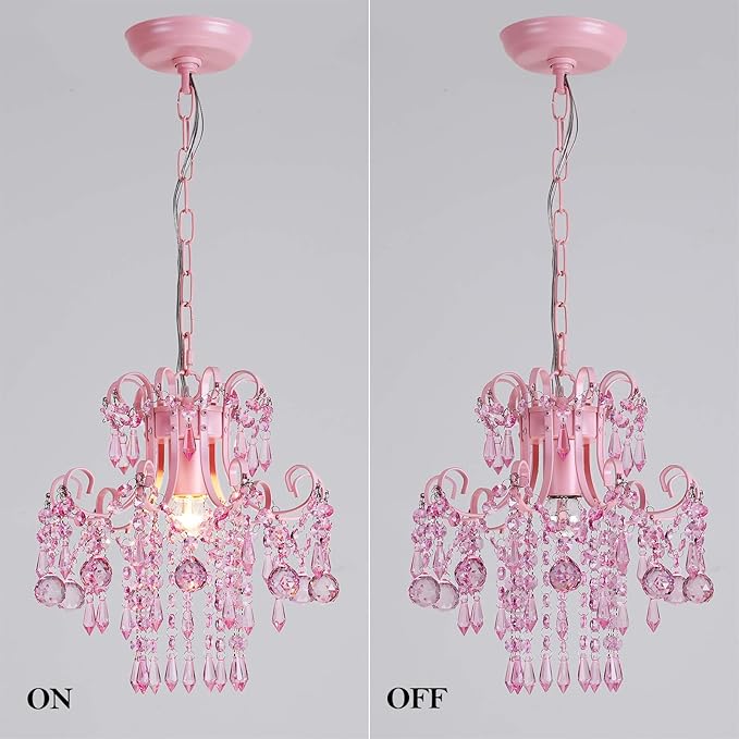 Q&S Mini Crystal Chandelier, Modern Pink Chandelier,Small Hanging Light Fixture for Princess Room Dressing Room Bathroom Clothing Store Salon W11.8 1 Light E26. UL Listed
