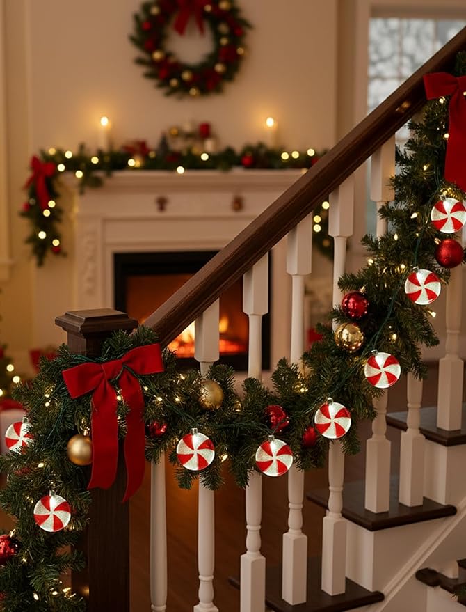 8.5Ft Christmas Candy String Lights, Old Fashioned Christmas Decorations Lights with 10 Red White Peppermint Candy Light Bulbs, Vintage Candy Ornaments Light for Xmas Tree Outdoor Indoor Party Decor
