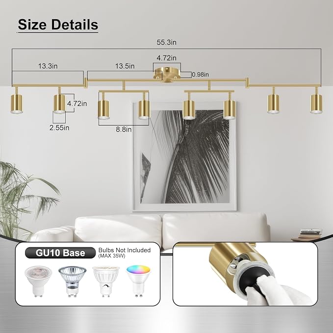 AUQUEE 8 Light Track Lighting Fixtures Ceiling, Gold Kichen Track Lighting Fixtures, Rotatable Light Heads, Adjustable Modern LED Track Lights for Kitchen/Hallway, No GU10 Bulb