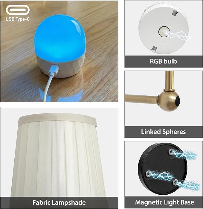 Battery Operated Wall Sconces Set of 2, Gold Rechargeable Wall Lights with 10000mAh RGB Dimmable Magnetic Bulbs and Remote,16 Colors Cordless Wall Lamps for Bedroom Living Room Hallway Decor