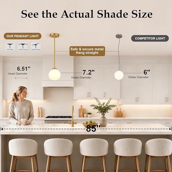 1 Pack 22"-50" Height Adjustable Glass Pendant Lights Kitchen Island, Globe Brushed Gold Pendant Lights with Milk Glass Shade, Mid Century Pendant Light Fixtures Kitchen Pendant Lighting over Island