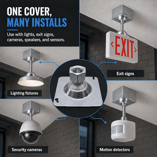 25 Pack Square Swivel Fixture Hanger Cover for Use with Square Electrical Boxes - Fits 1/2" and 3/4" Threaded Nipple and Conduit - Malleable Iron Swivel Hub with Steel Cover and Reducing Bushing
