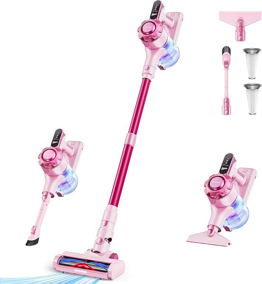 Trucozie Cordless Vacuum Cleaner, 8-in-1 Lightweight Stick Vacuum with 45mins Runtime, Powerful Suction, Vacuum Cleaners for Home, Hardwood Floors, Carpet, Pet Hair, Pink