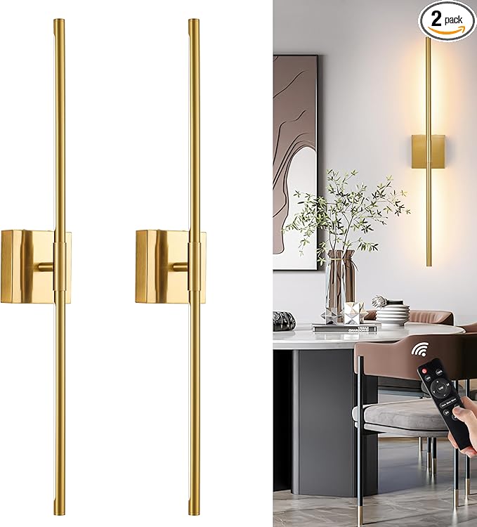 Morauroral 36 Inch Battery Operated Wall Sconces Set of 2, Dimmable Battery Wall Sconce with Remote Control, Gold LED Rechargeable Wall Light, Modern Sconces Wall Decor for Bedroom, Living Room