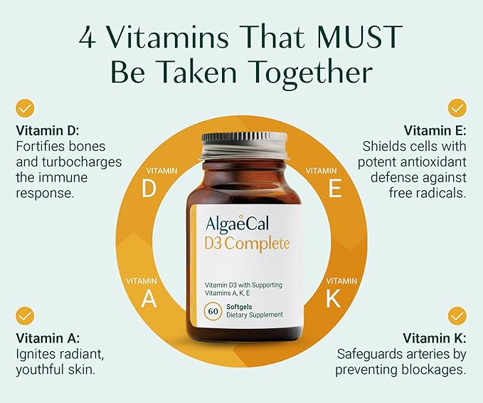 ALGAECAL 4-en-1 Vitamine D3 K2 Complete - Supplément vitaminique ADK, Soutien immunitaire renforcé et Santé osseuse avec D3 K2, A et E - Bien-être général et Force osseuse, 60 gélules faciles à avaler, Fabriqué aux États-Unis